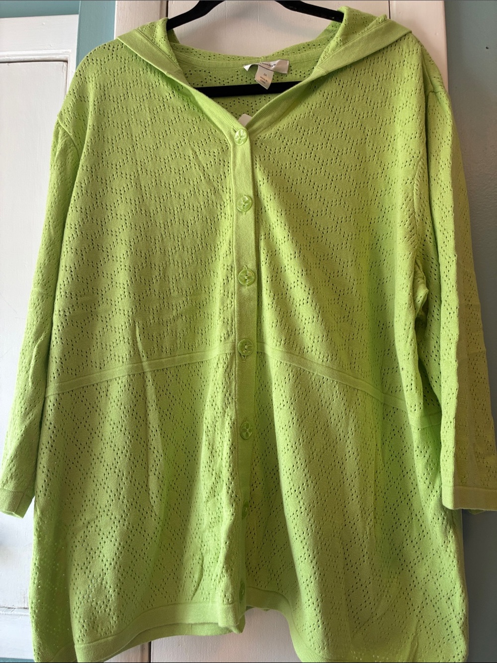 CJ Banks Lime Lightweight Hooded Button-Up Knit Top